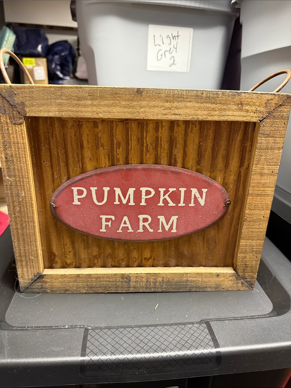 Rustic wood and metal pumpkin farm box